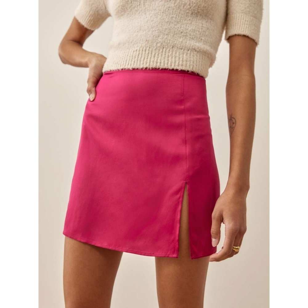 NWT REFORMATION Robbie 100% Silk Skirt Rhubarb Pink Slit 0